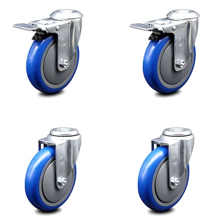 Service Caster 5 Inch Blue Polyurethane Swivel Bolt Hole Caster Set with 2 Total Lock Brake SCC-BHTTL20S514-PPUB-BLUE-2-S-2